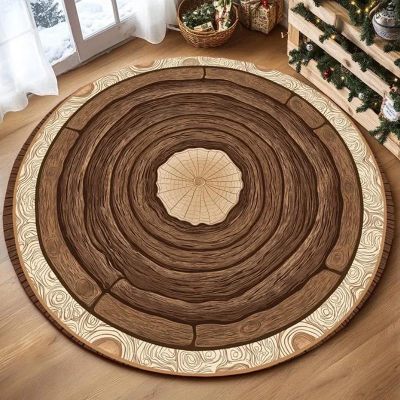 Natural Wood Tree Ring Round Rug Realistic Annual Ring Texture Non Slip Carpet Rustic Farmhouse Mat Living Room Decor