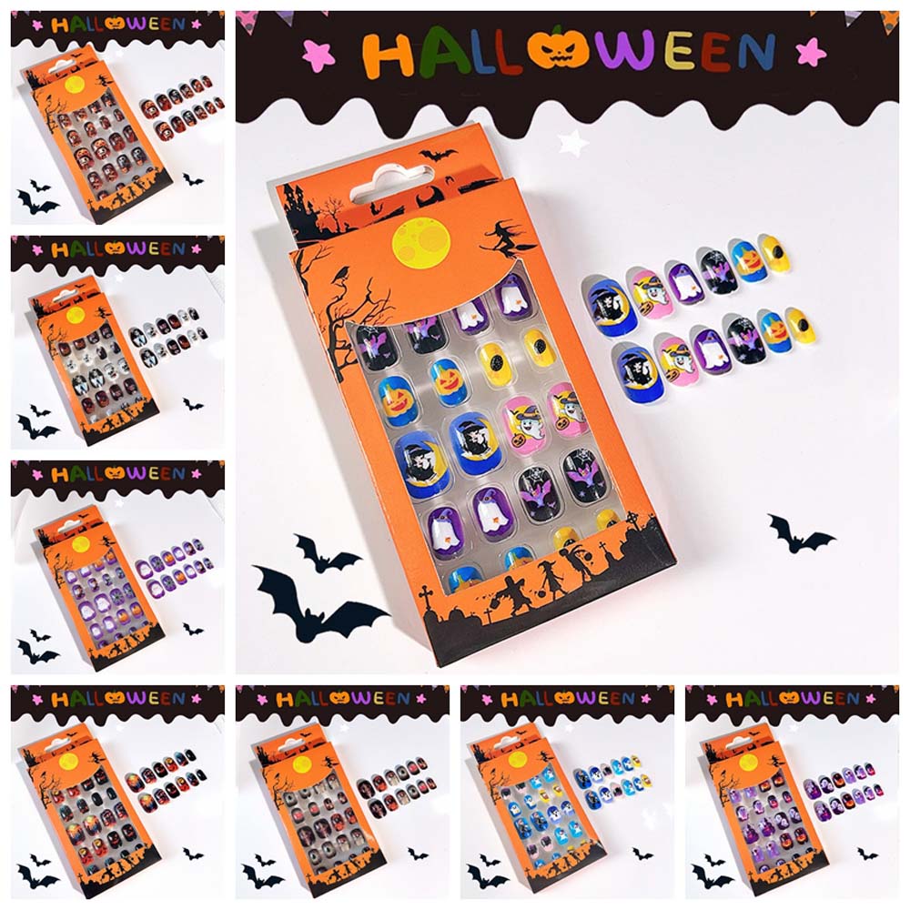 24Pcs/set Pumpkin Children Halloween False Nails Ghost Kids Fake Nail Extension  Girls