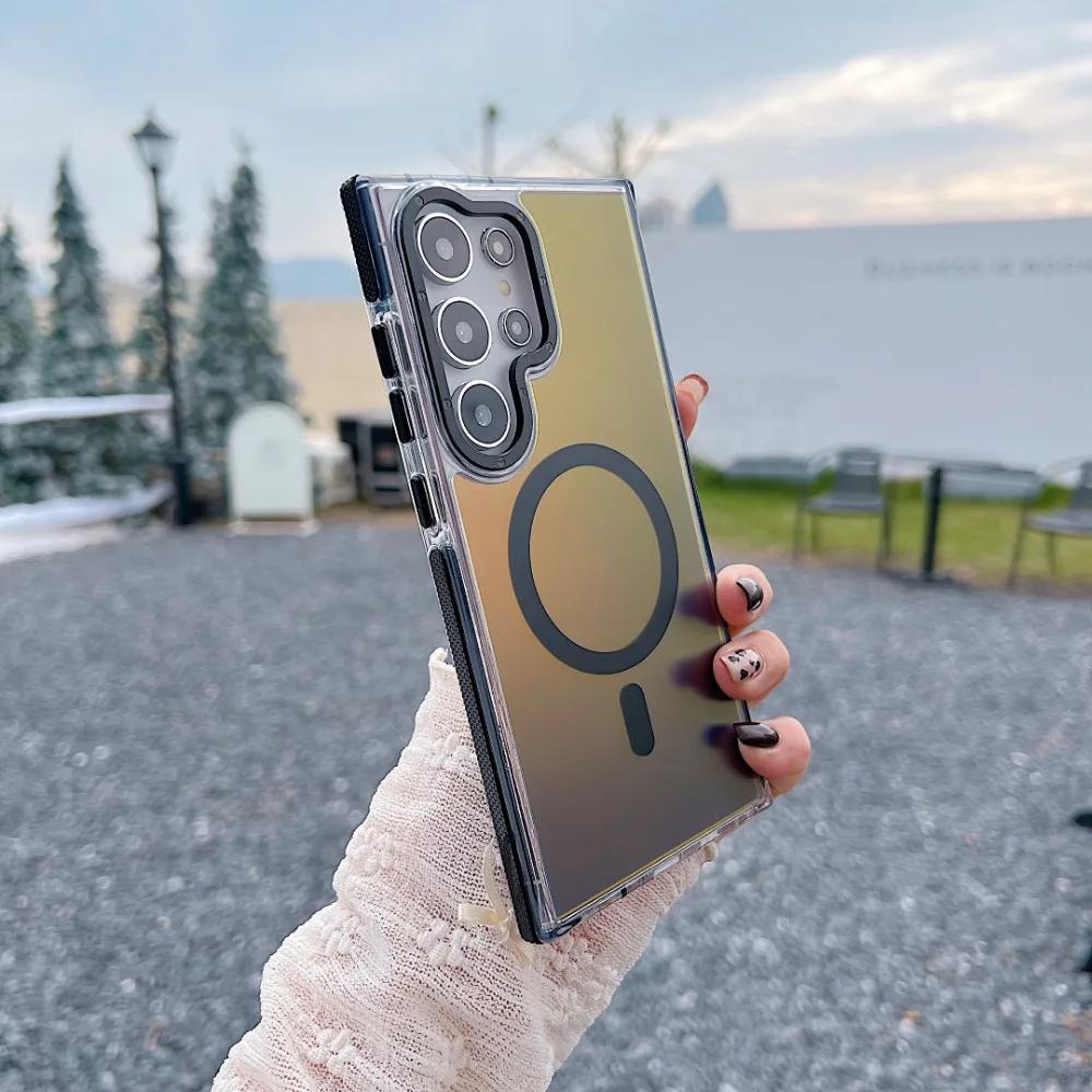 Металлический чехол для телефона MagSafe для Samsung Galaxy S25 S24 Ultra S23 Plus S22 S21 A53 A54 A55 Беспроводная зарядка Изменяющий цвет чехол