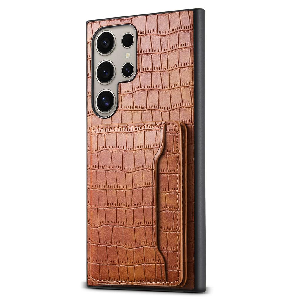 Для Samsung Galaxy S25 Ultra Чехол Держатель для карт Подставка Кожаная задняя крышка телефона с текстурой крокодила