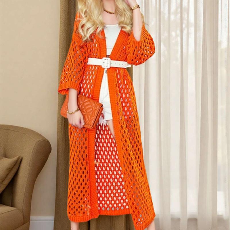 2025 cross-border bikini summer new cardigan skirt women's fashion and sexy simple knitted grid hollow beach