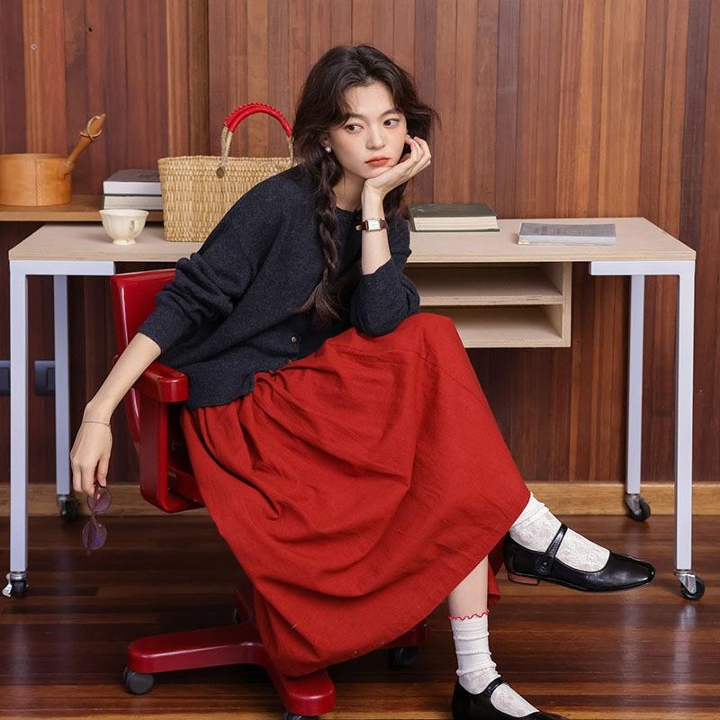 Johnature French Retro Bright Japanese Pleated Midi Skirt Red A-Line Umbrella Skirt Casual Simple Women Skirts