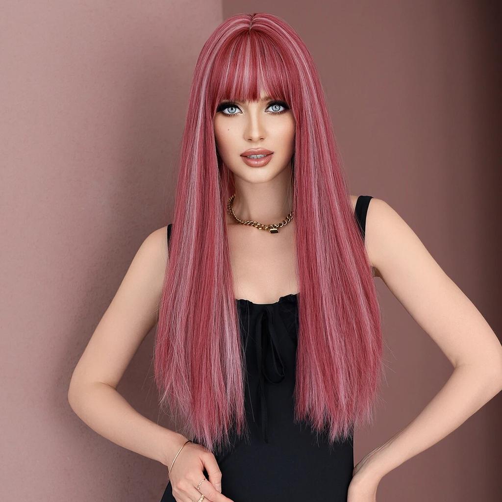 Длинные прямые розовые парики с челкой для женщин, подчеркивает белый популярный сладкий синтетический парик для повседневного косплея