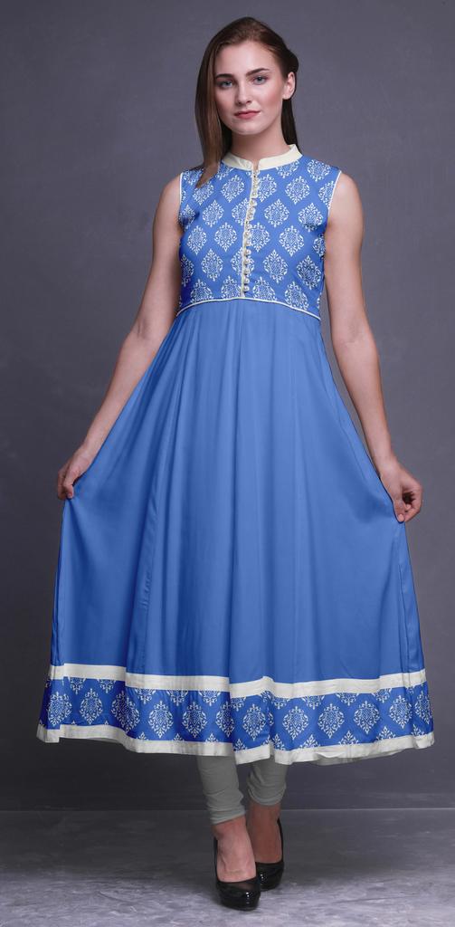 Bimba Синее дамасское индийское курти для женщин, готовое платье Anarkali с принтом, индийское курти