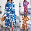 Spring Summer Ladies Contrast Floral Polo Collar Lace Up Shirt Dress Women Single Breasted Long Dress