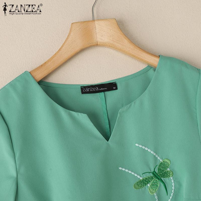 ZANZEA Женское повседневное свободное летнее платье с V-образным вырезом и коротким рукавом с вышивкой