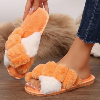 Контрастные плюшевые тапочки с перекрестными ремешками для женщин, зимняя мода, пушистые домашние тапочки, женские уютные теплые шлепанцы из искусственного кроличьего меха