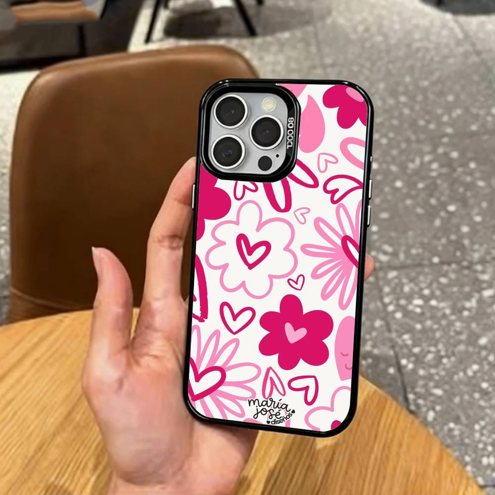 C-Cute P-Розовое Сердце Любви Чехол для Телефона Для iPhone17,16,15,14,13,12,11 Plus,Pro Max Цветной Посеребренный Внутренний Чехол