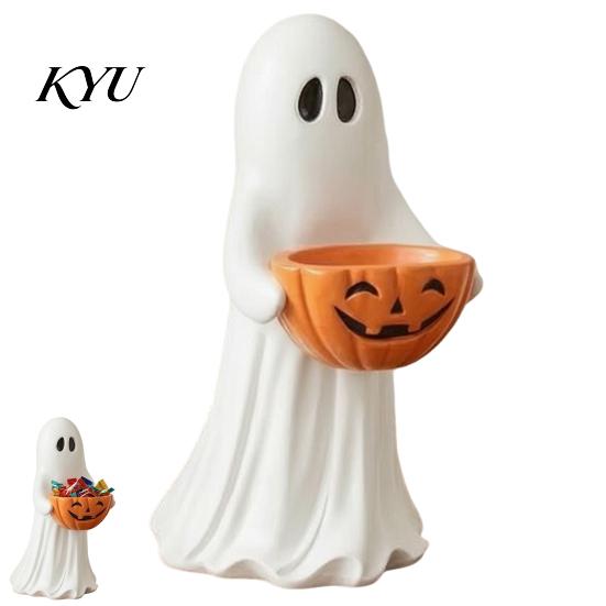 Festive Home Accents Halloween Ghost Figurine with Pumpkin Candy Bowl, Cute Resin Statue, Freestanding Vintage Style Ornament Trick or Treat