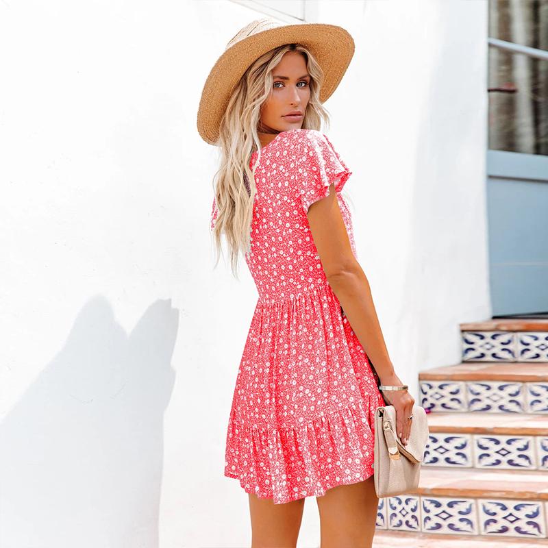 Summer Women'S Chiffon Dress Sexy V-Neck Floral Mini Beach Dresses Fashion Ruffles Button Loose Femme Sundress Vestido
