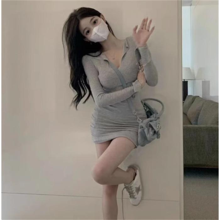 Sexy Spice Girl Knitted Temperament Deep V Breast Dress Women's Spring New Fashion Versatile Folded Hip Wrap Skirt
