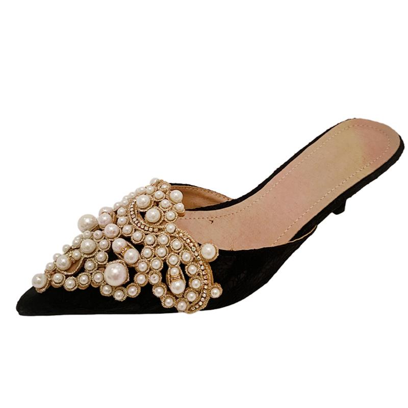 Spring and Autumn Fashion Sexy Women's Shoes Elegant Beaded Crystal Lace Patchwork One Pedal 35-42 Stiletto Slippers 2024 New