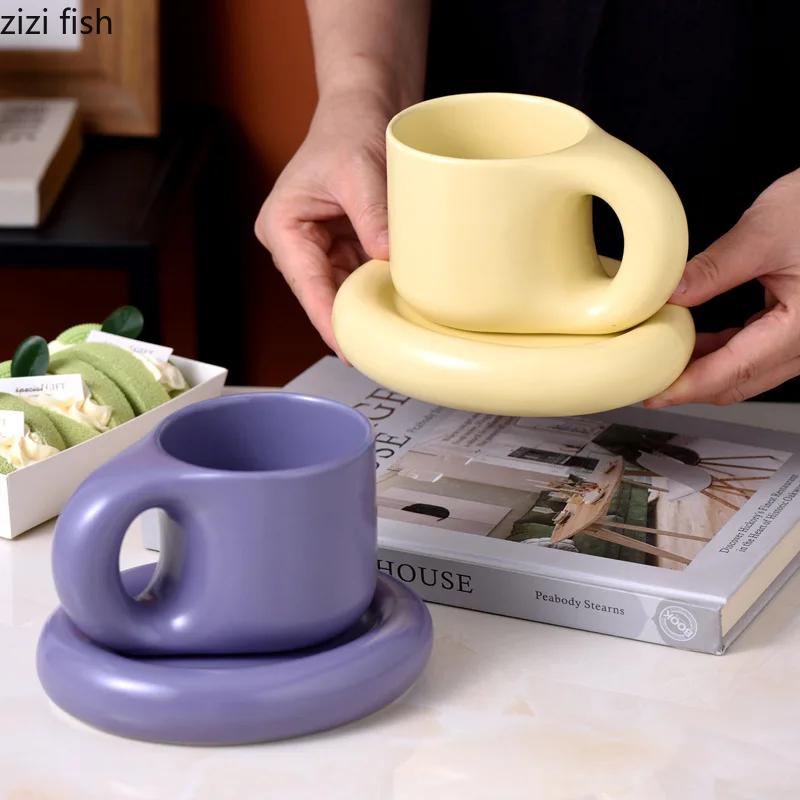 Solid Color Simple Ceramic Mug Set Creative Handle Coffee Mug Home Breakfast Cup Milk Cup Beverage Cup High Beauty Couple Cups