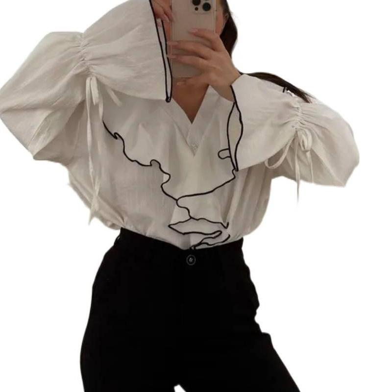 Новый Весенне-Осенний Женский Простой Модный Повседневный Кардиган Топ Цветной Блок Многослойная Рубашка с Рюшами