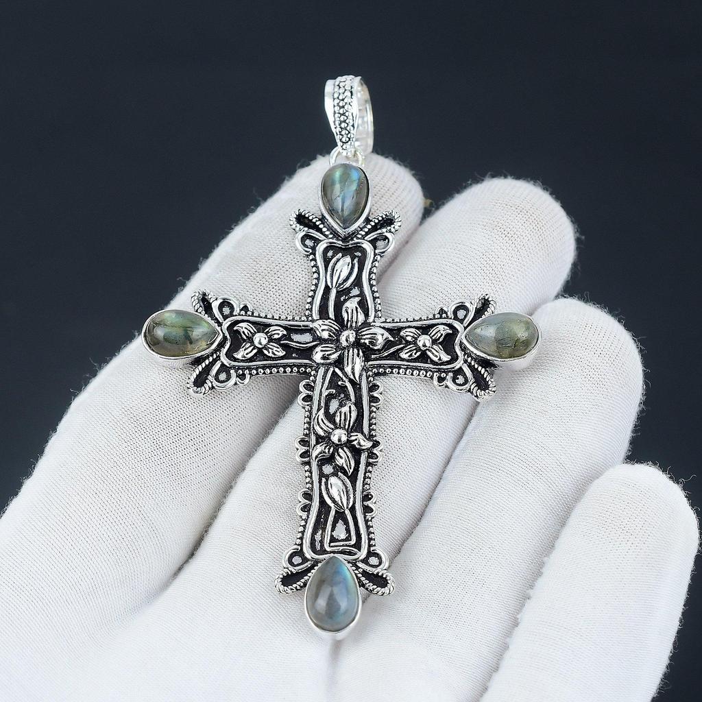 Подвеска из драгоценного камня Лабрадорит Натуральный драгоценный камень Лабрадорит Ручная работа Подвеска-крест из стерлингового серебра 925 пробы для подарков Подвеска для нее, женские украшения