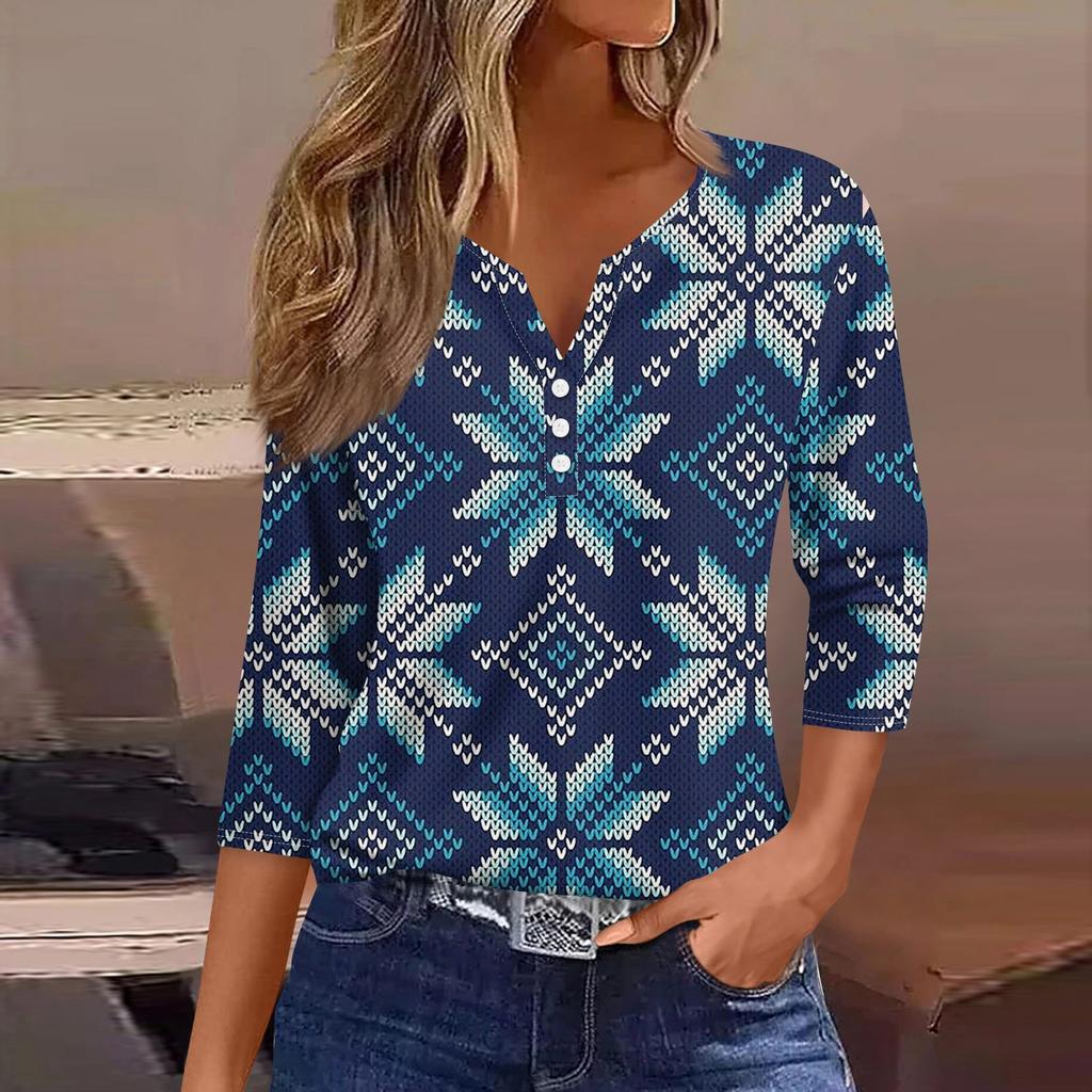 Жен. Футболка Футболка С принтом Пуговицы Рукав 3/4 Повседневные Выходные Мода Классический V-образный вырез Обычный Топ