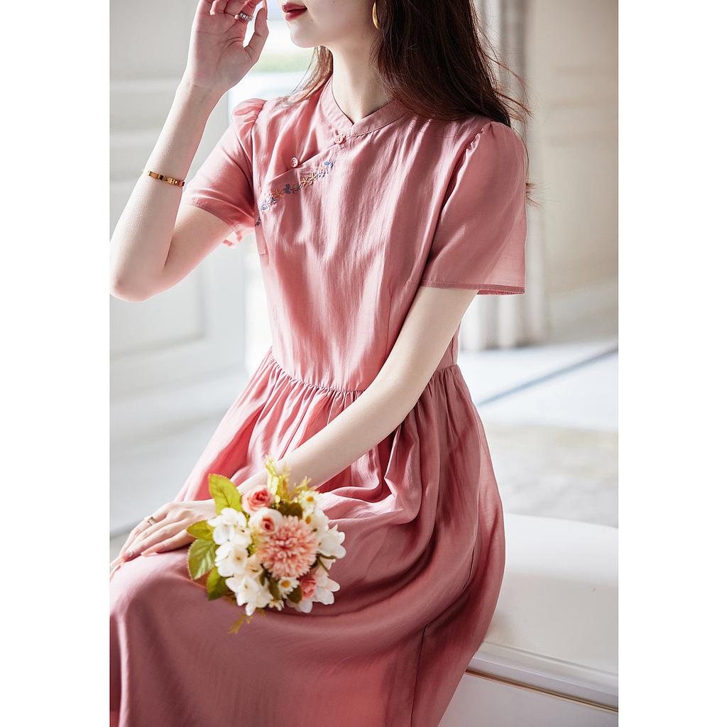 Элегантное платье с А-образным стежком на лето, новое платье для женщин со стоячим воротником и пуговицами, средней длины