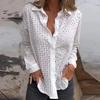 Ажурные вышитые вязаные блузки женские весенние однотонные с длинным рукавом жаккардовый топ летняя свободная однобортная рубашка с лацканами