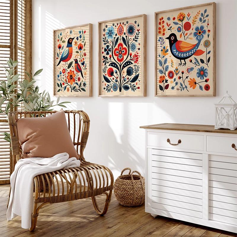 Норвежское народное искусство Цветочный постер с птицами Скандинавский принт Абстрактная картина на холсте Скандинавское настенное искусство Картина для гостиной Домашний декор