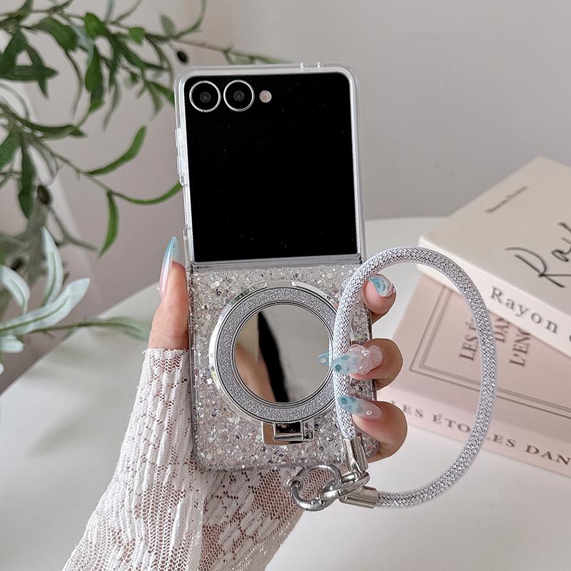 Korean Glitter Cute Phone Case For Samsung Galaxy Z Flip 8 7 6 5 Z Flip7 Flip6 Flip5 Cover with Stand Holder Chain Cases Funda