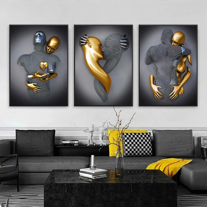 Золотая и серебряная фигурка, статуя, картина на холсте, металлическая скульптура, печать на плакатах, романтические фотографии для влюбленных, современное настенное искусство, домашний декор