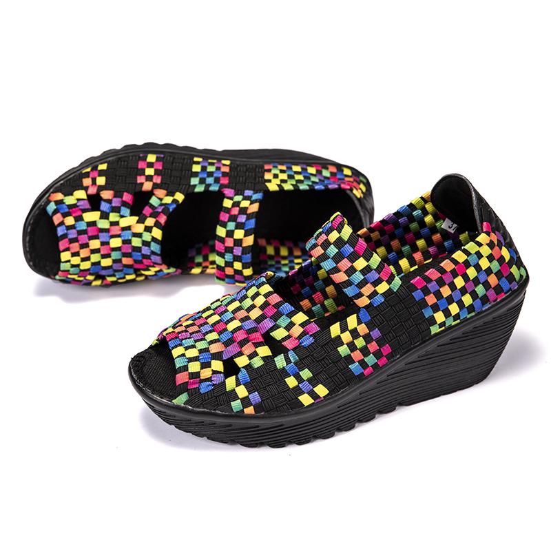 Women's Woven Sandals Summer Sloping Puffy Cake Thick Sole Cloth Fish Mouth Sports Sandals
