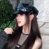 Модные Береты Британского Стиля Козырек Женские Черная ПУ Кожа Плоский Верх Кепка Новостийщик Хип-Хоп Кепка Кепка Новостийщик Уличная Шляпа от Солнца