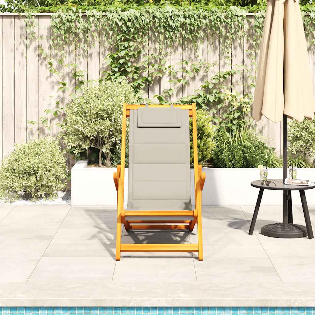 Folding Beach Chair with Armrests Taupe Color Acacia Wood Frame & Textilene Seat