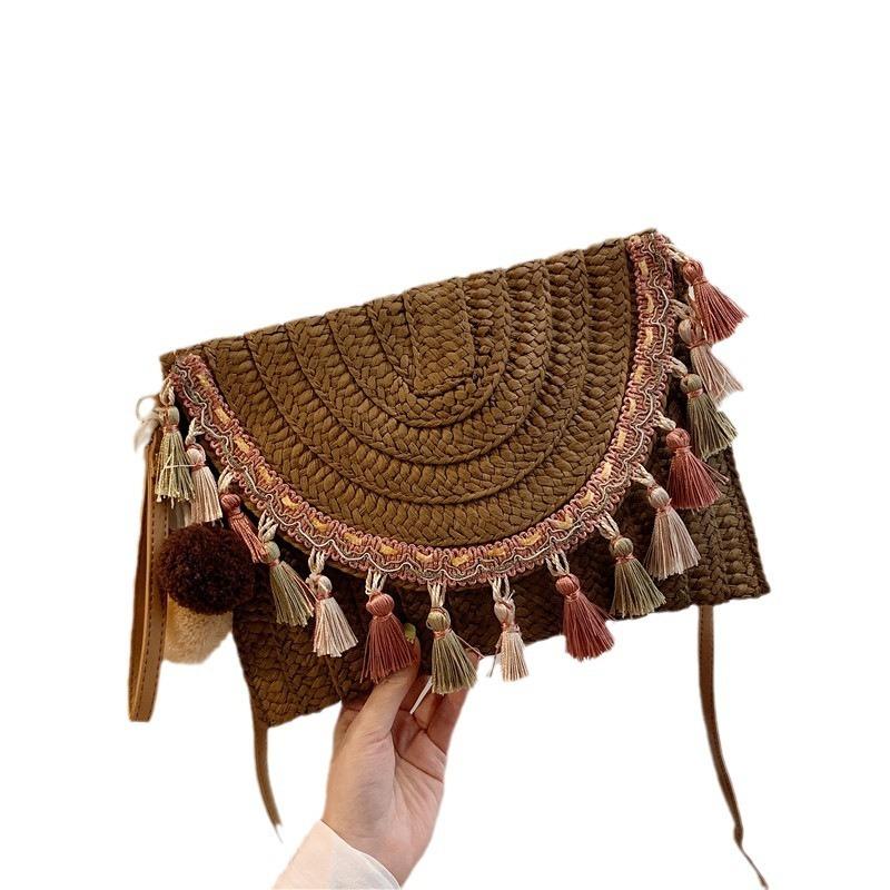 Плетеная сумка из травы лето новая нишевая сумка-конверт с кисточкой и текстурой