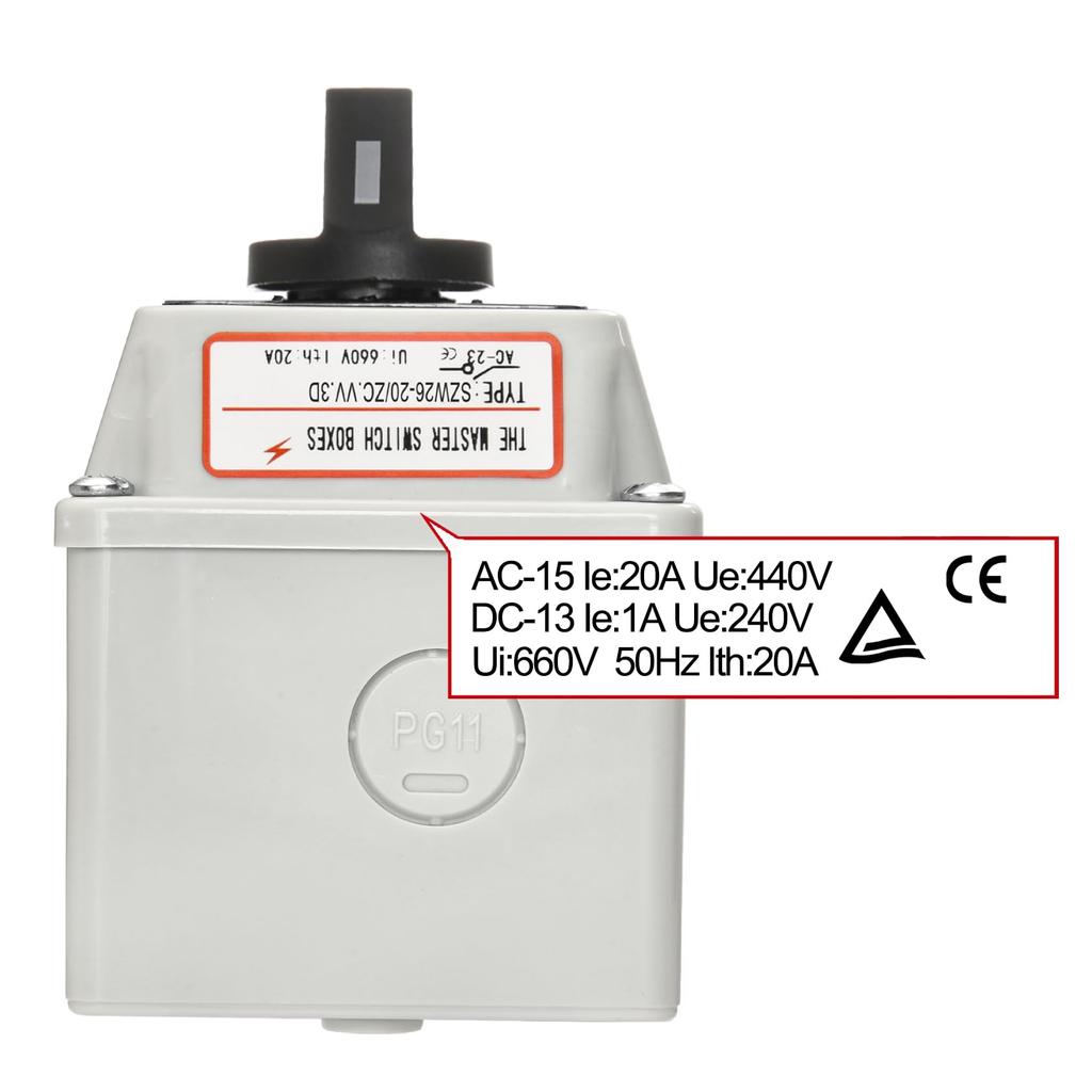 Heschen Universal Rotary Cam Selector 660V 12 CE with Master Switch Enclosure Switch, SZW26-20/ZC.VV.3D, 20A, ON-OFF-ON 3-Position, 3-Phase,