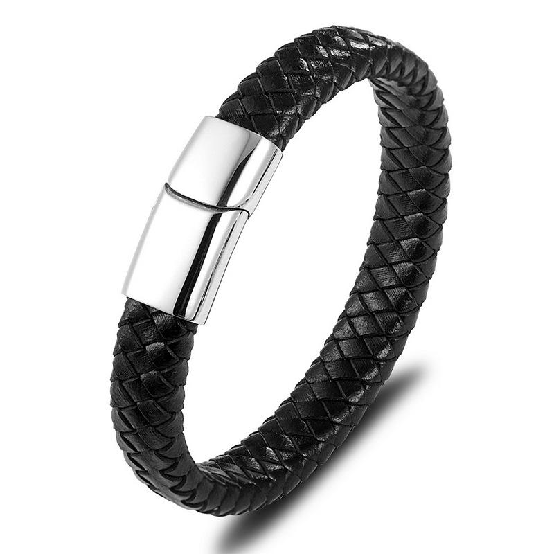 Retro Hip Hop Stainless Steel Leather Woven Bracelet Simple Black Brown Magnetic Buckle Couple Bracelet Men's Everyday Casual Wear Jewelry Accessories