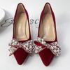 Rimocy Sexy Red Velvet Wedding Shoes For Women  Luxury Pearl Bowknot Pointed Toe Pumps Woman Stiletto High Heels Dress Shoes