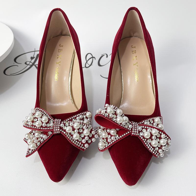 Rimocy Sexy Red Velvet Wedding Shoes For Women  Luxury Pearl Bowknot Pointed Toe Pumps Woman Stiletto High Heels Dress Shoes