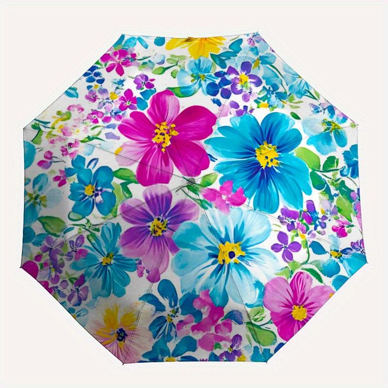 1pc Watercolor Flowers Automatic Folding Umbrella - 8-Rib Iron Frame, Portable Sunshade with Plastic Handle yy250731218