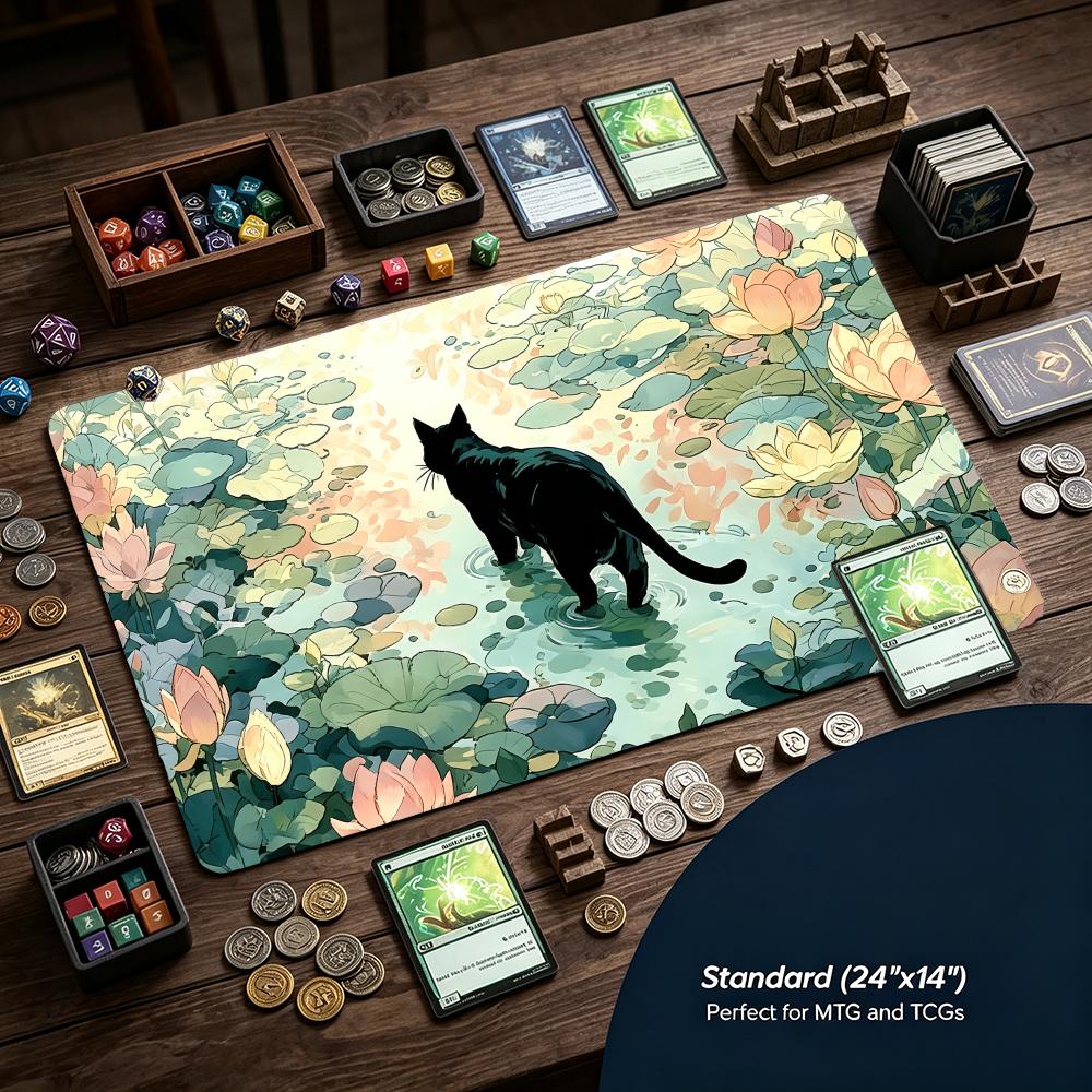 Black Cat Lotus Pond Art Gaming Mouse Pad Playmat 24"X14" MTG TCG Office Desk Mat for Work Game PC Laptop Rug Carpet MousePad