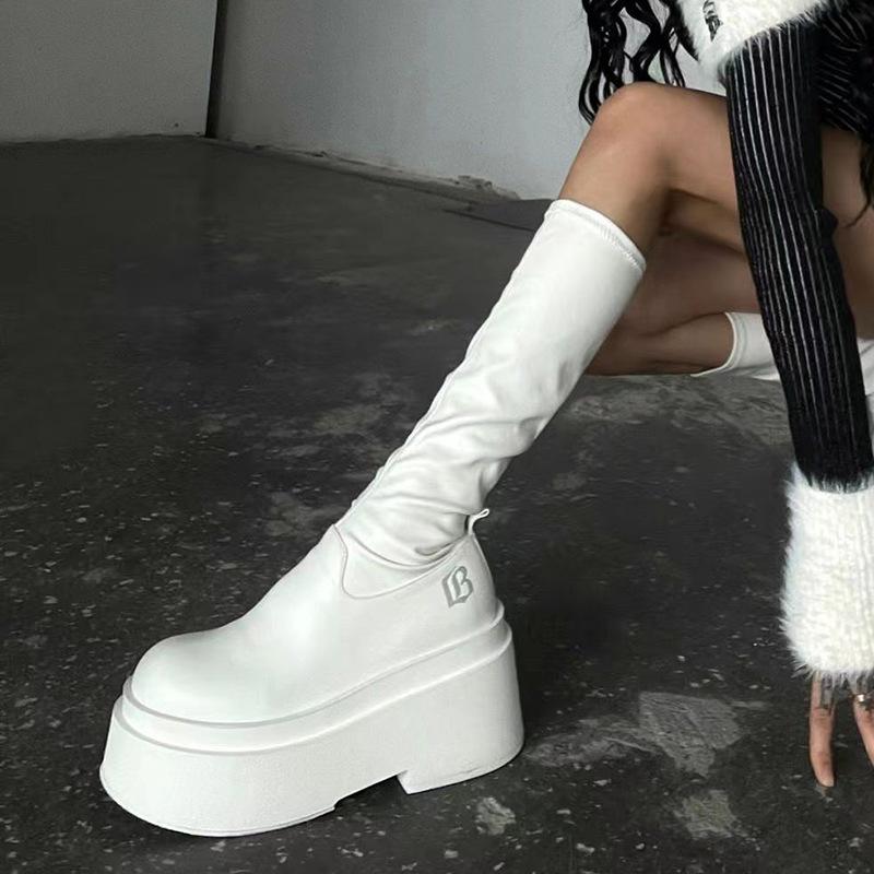 Ботинки Женские Весенне-летние Новые Круглый Носок Толстая Подошва Эластичные Узкие Миллениум Спайс Герлз Высокие Ботинки