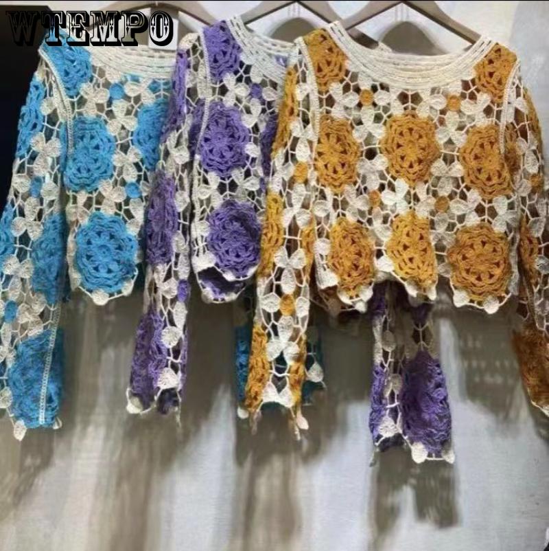 WTEMPO Осенние женские вязаные крючком кардиганы разноцветные винтажные вязаные свитера Y2k с длинным рукавом свободные пальто ажурные свитера