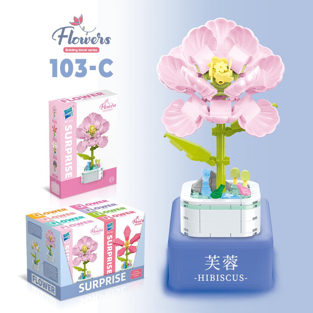 Kids Building Blocks Flower Pot Series Simulation Pink Rose Peony Bonsai Plant Educational Toy Bricks
