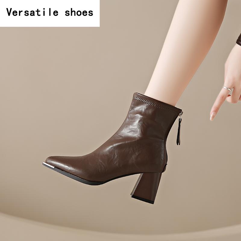 Зимние женские ботильоны с острым носком, модные короткие ботильоны с застежкой-молнией сзади, женские туфли на высоком каблуке Botas De Mujer