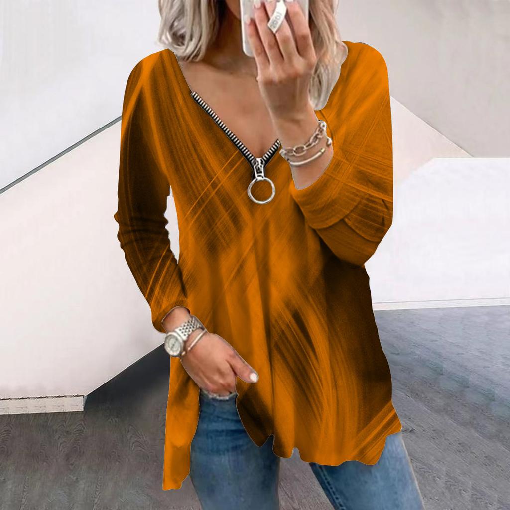 Women Autumn Colorful Intersecting Lines Printed Long Sleeve T-Shirts Loose V-Neck Plus Size Tee Shirt Tops Comfy Blouse