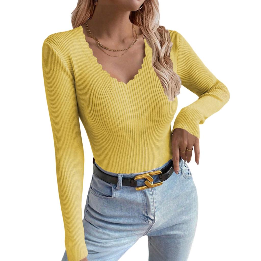 Women's V-neck Solid Color Long-sleeved Pullover Knitted Sweater Bottoming