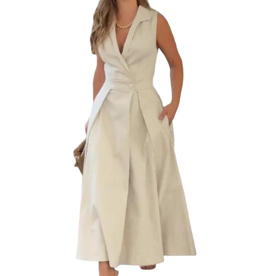 Летнее женское платье трапециевидной формы с глубоким V-образным вырезом и лацканами без рукавов, с большим подолом, плиссированными боковыми карманами, чистый цвет, официальное платье миди для делового офиса