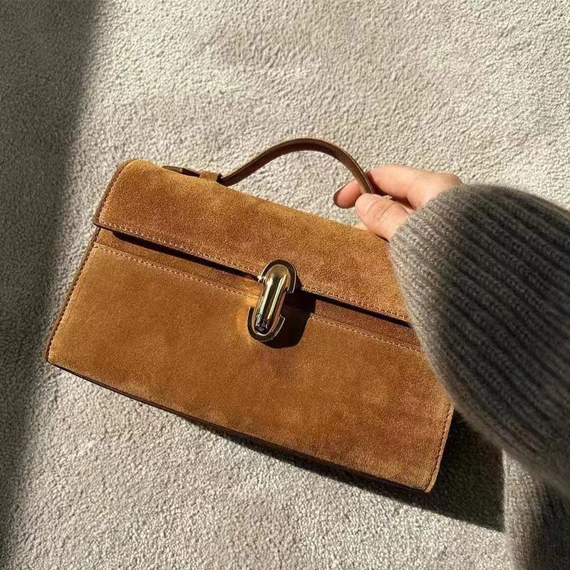 Niche Design Retro Light Luxury Handbag Suede Hand-held Small Square Bag French Minimalist Cowhide Shoulder Bag Handbag