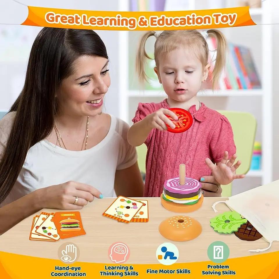 Montessori Wooden Hamburger Sandwich Stacking Toy for Toddler Preschool Educational Fine Motor Skill Kitchen Pretend Play Food