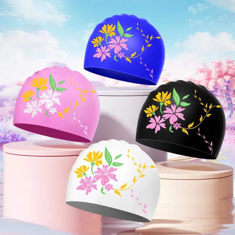 Шапочки для плавания с цветочным принтом для женщин, длинные волосы, защита ушей, шапочки для плавания для взрослых, удобные силиконовые шапочки для плавания, аксессуары для бассейна