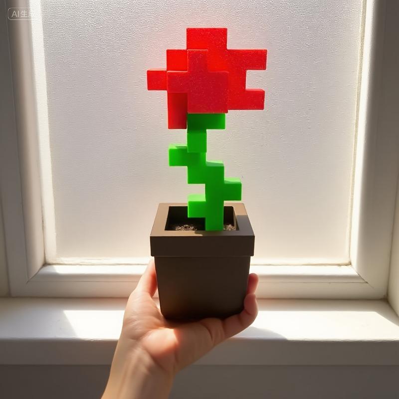 Pixel Rose Flower Decoration Unique 3D Printed Flower Plastic Flower Nightstands Desktops Office Desk Decor Furniture Decorations No Power Required