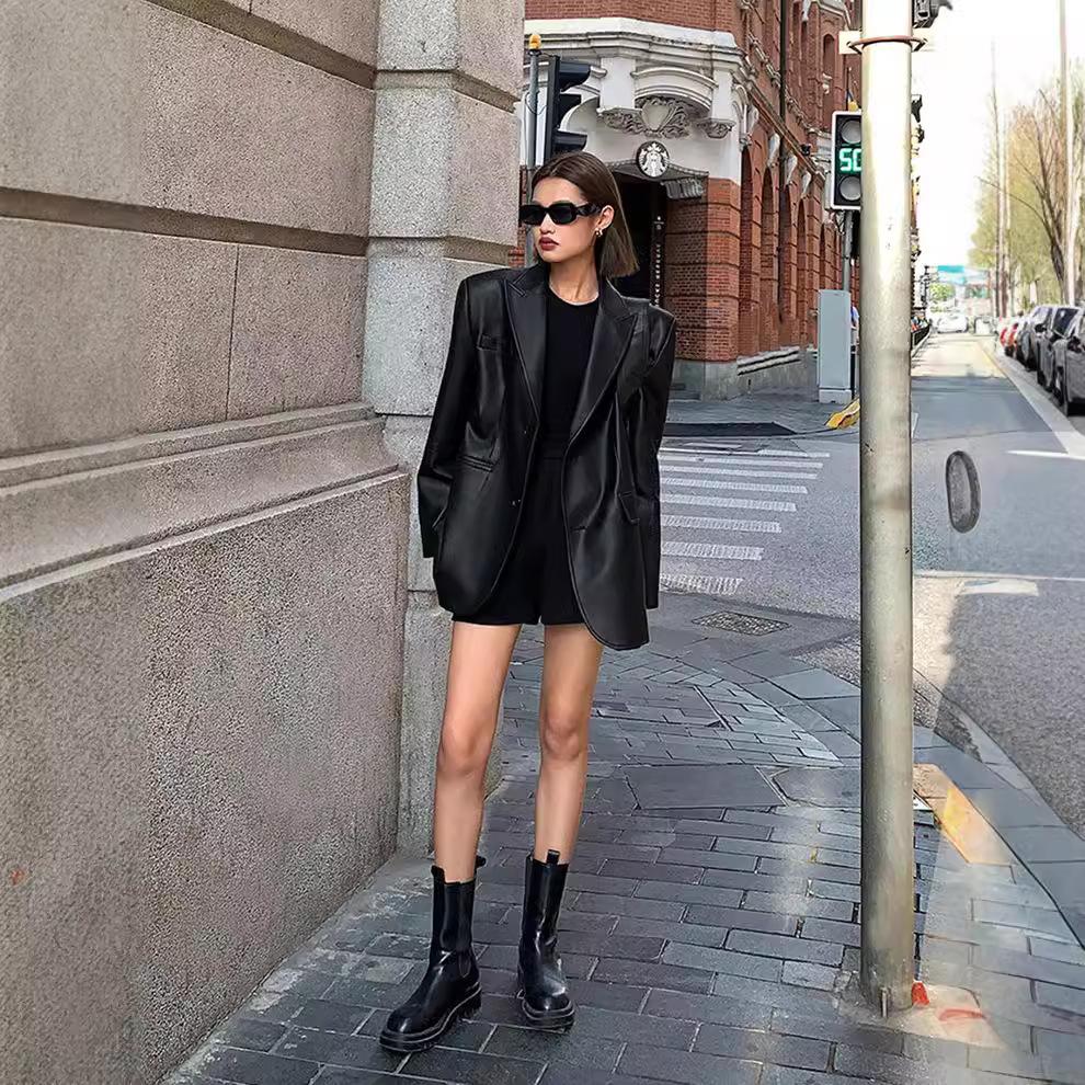 Женский черный коричневый мягкий ПУ блейзер с подплечниками, длинный рукав, однобортный свободный повседневный пиджак, топы, корейское модное пальто