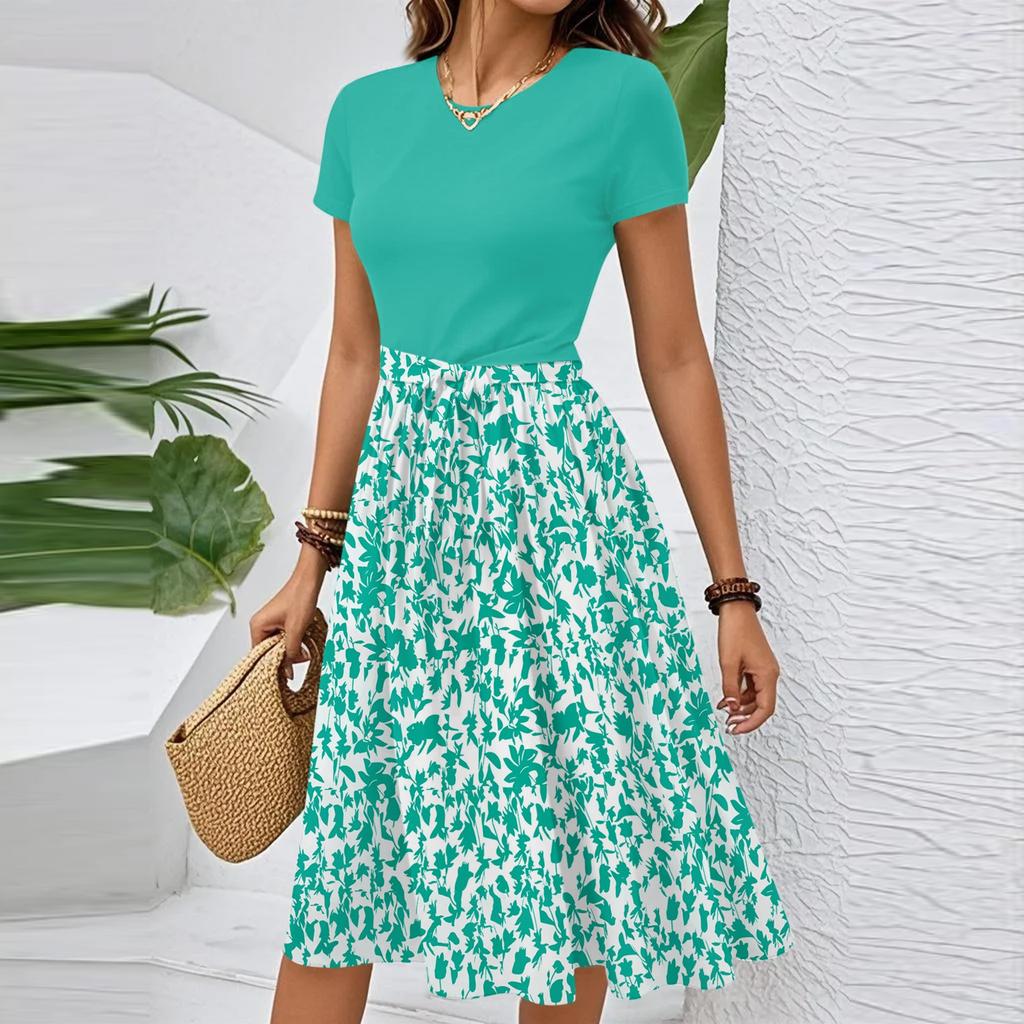 Women's Casual Fashion Belted Floral Print Short Sleeve Round Neck Elegant Dress