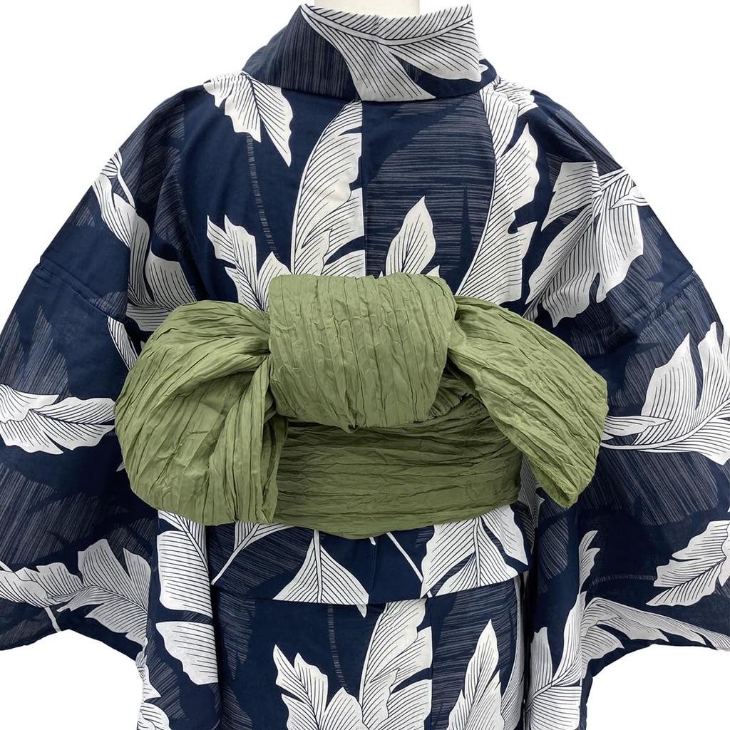 Kyoto Kimono Yuzen Yukata and Obi Set (2 Pieces) Navy Blue with Leaf and Banana Patterns, Classic Retro Style