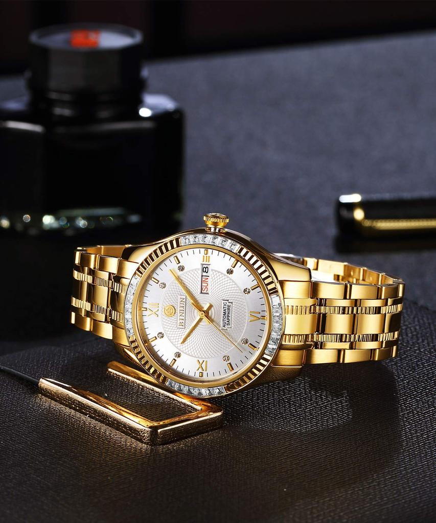 BINLUN Золотые Автоматические Часы Золотые Механические Скелетон Бизнес Часы Водонепроницаемые Аналоговые из Нержавеющей Стали Роскошные Часы для Мужчин Мужские Мужские [Продукт]